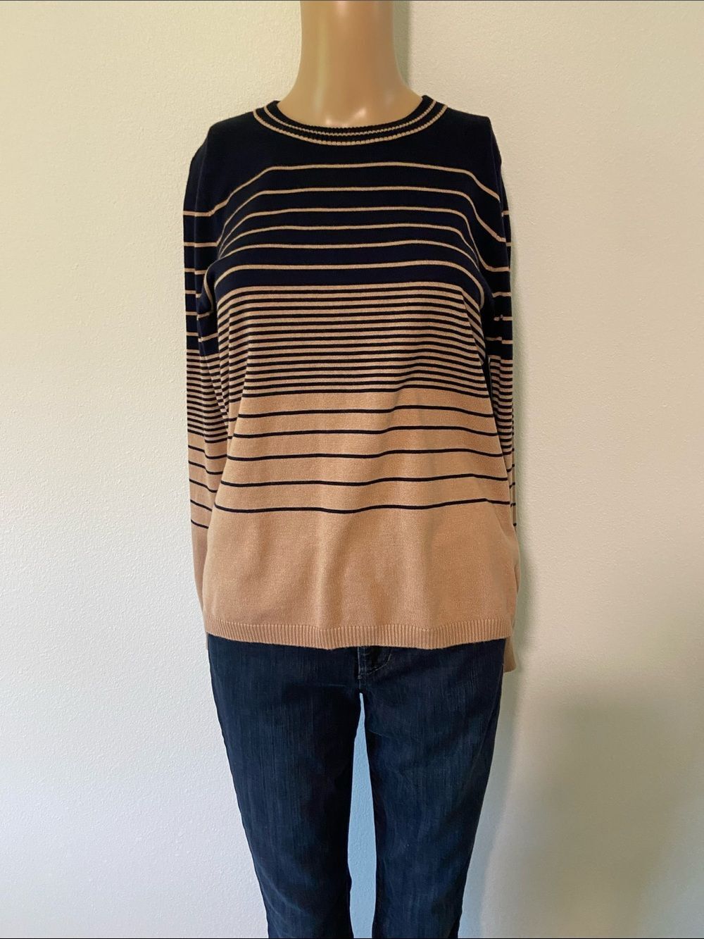 Liverpool Navy and Tan Striped Crewneck Sweater NWT Sz S